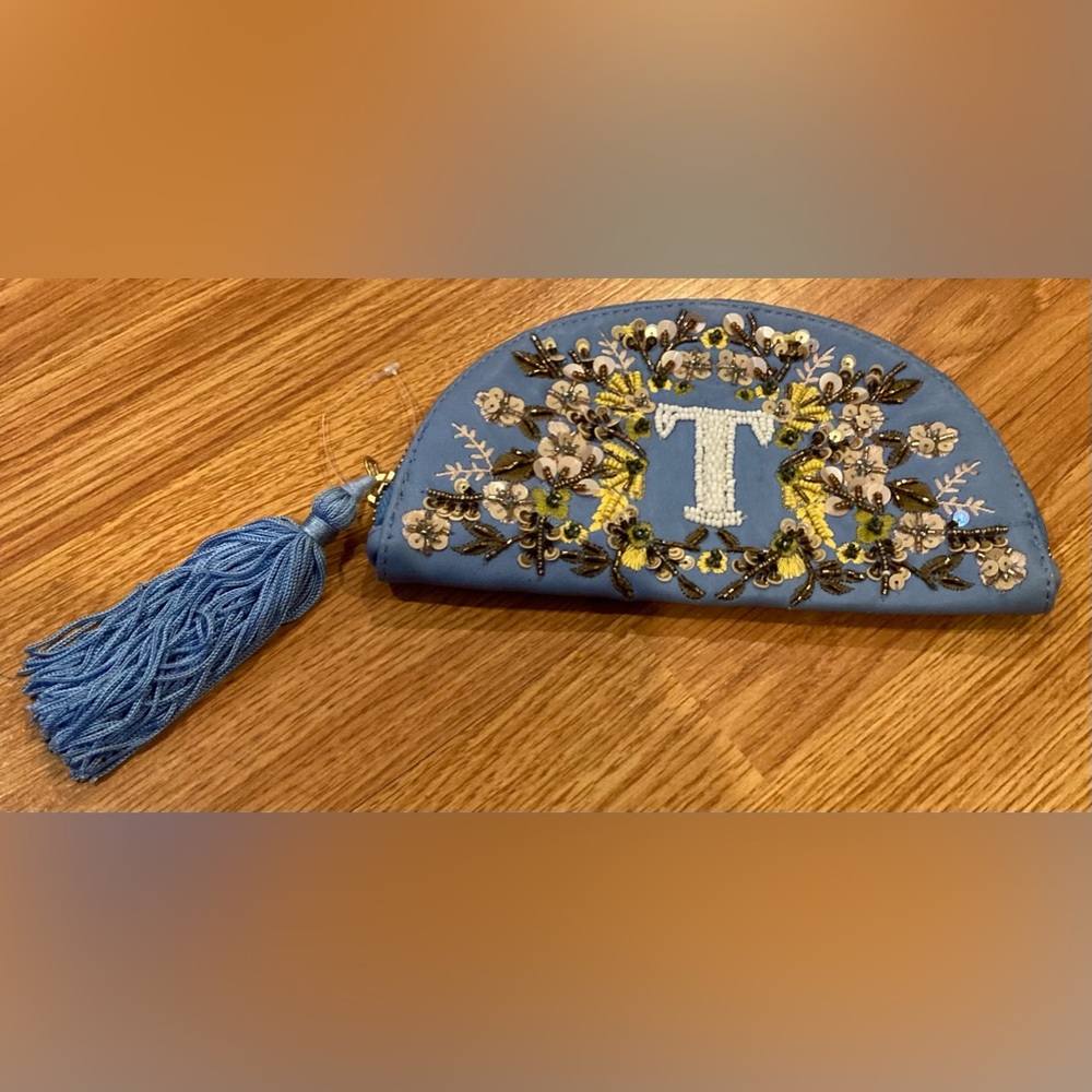 Anthropologie Blue Embroidered Tassel Wristlet Clutch
